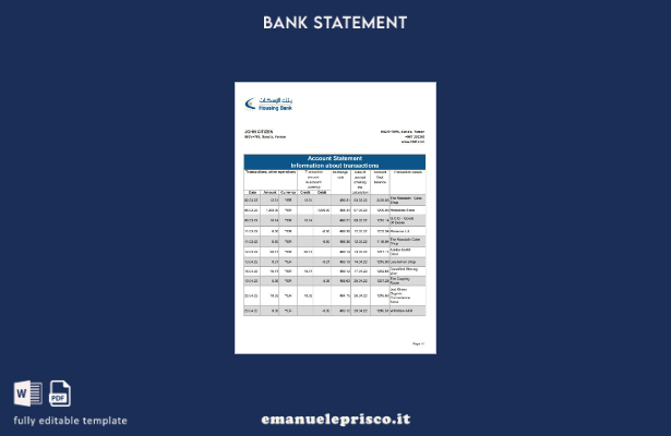 modello Excel di estratto conto della Yemen Housing Bank in stile verificato